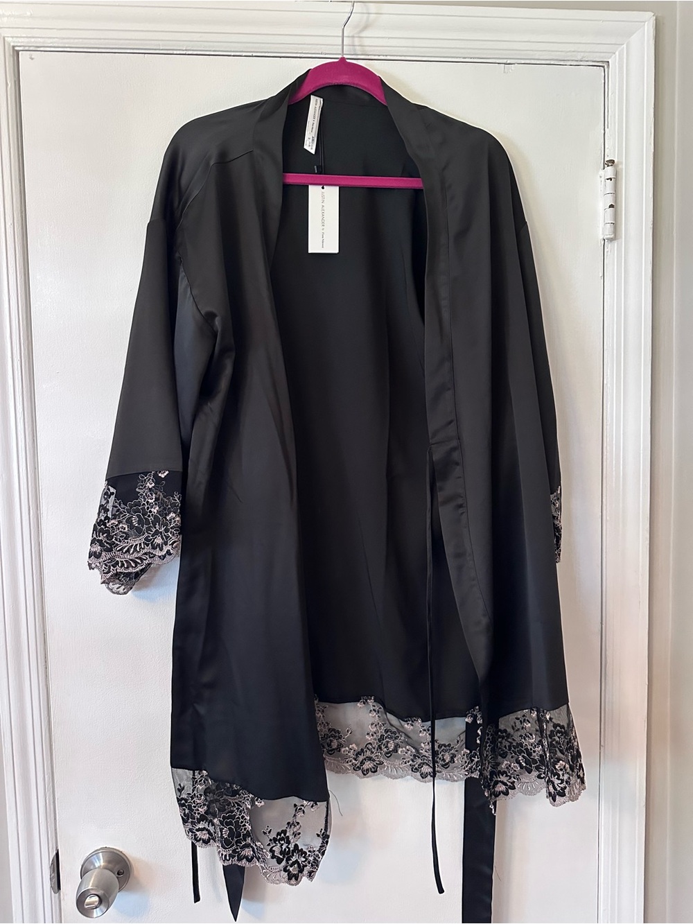 Black Satin Robe with Floral Lace Trim - Elegant Lounge Wrap